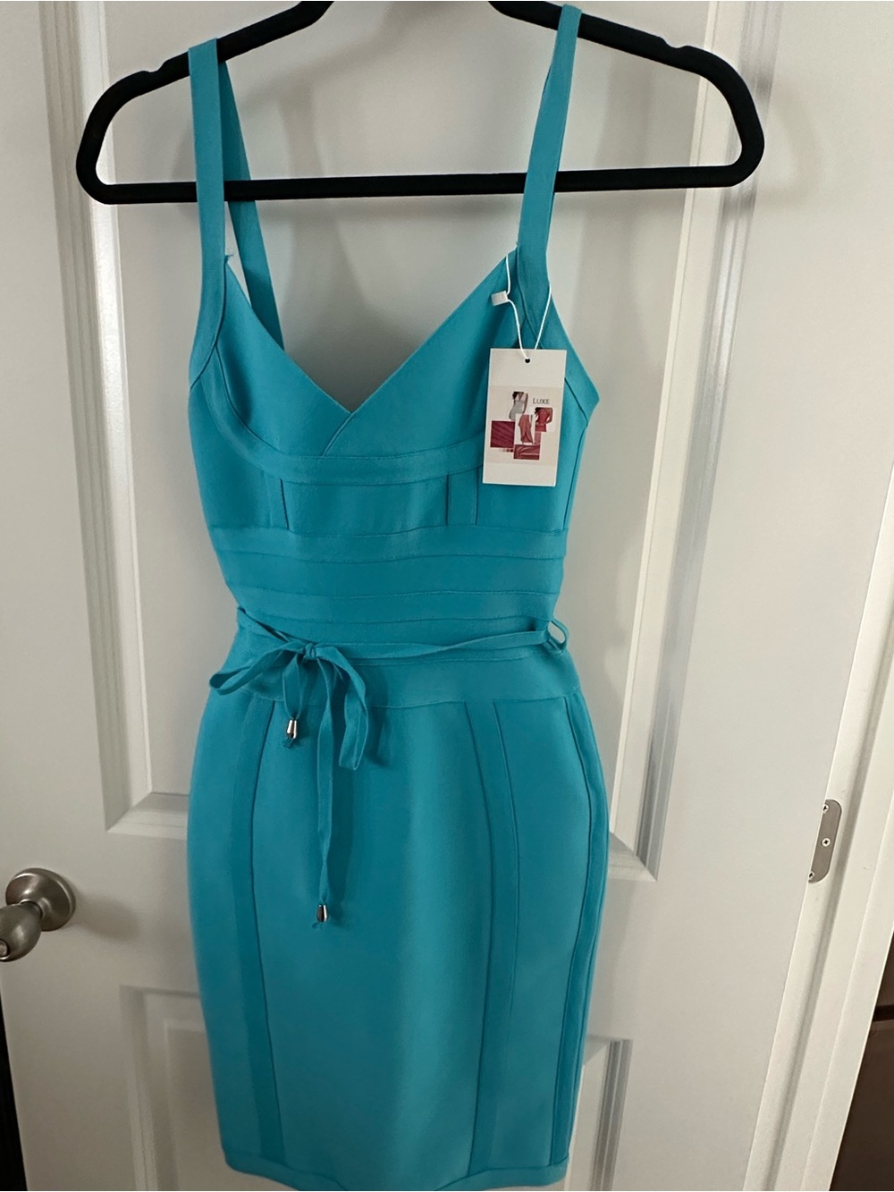 Luxe Teal Sleeveless Midi Sheath Dress with Waist Tie